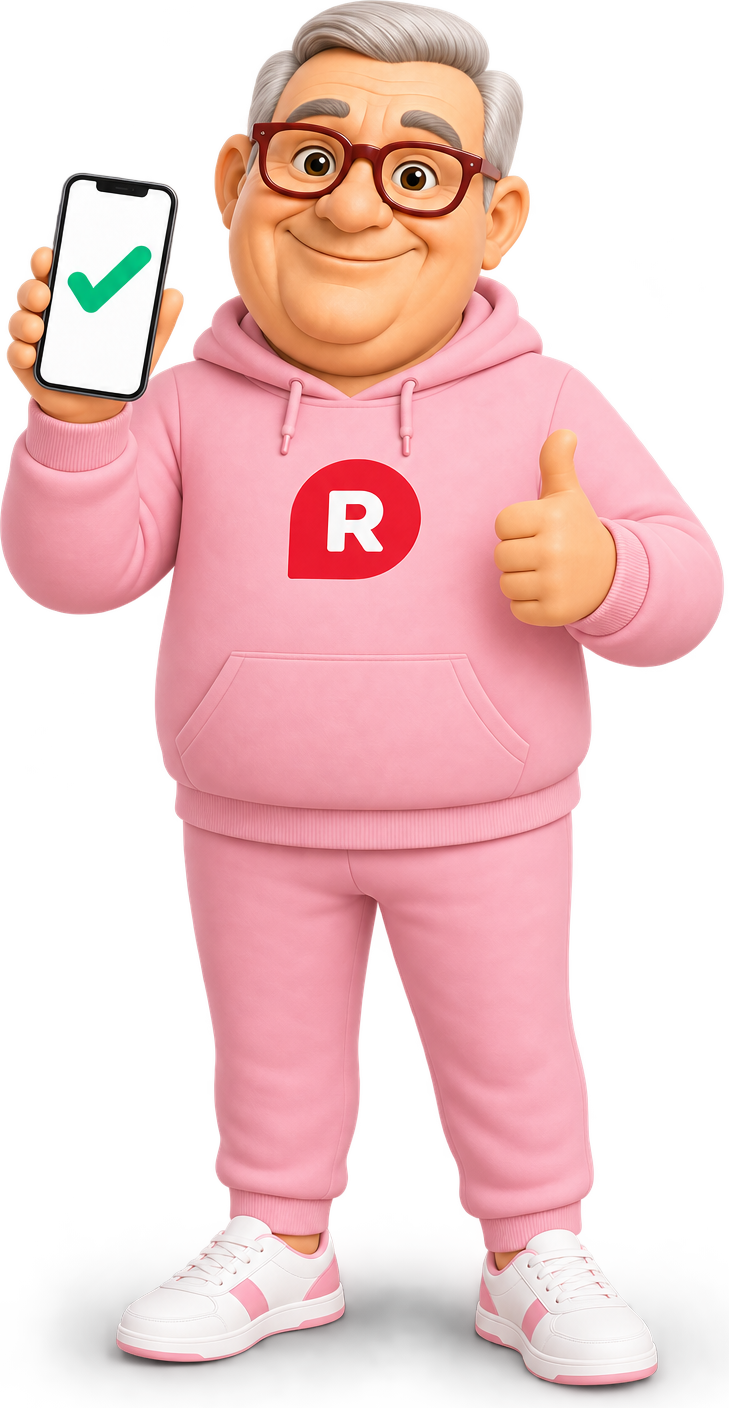 Reducero-mannen visar en grön signerad-bock på mobilen